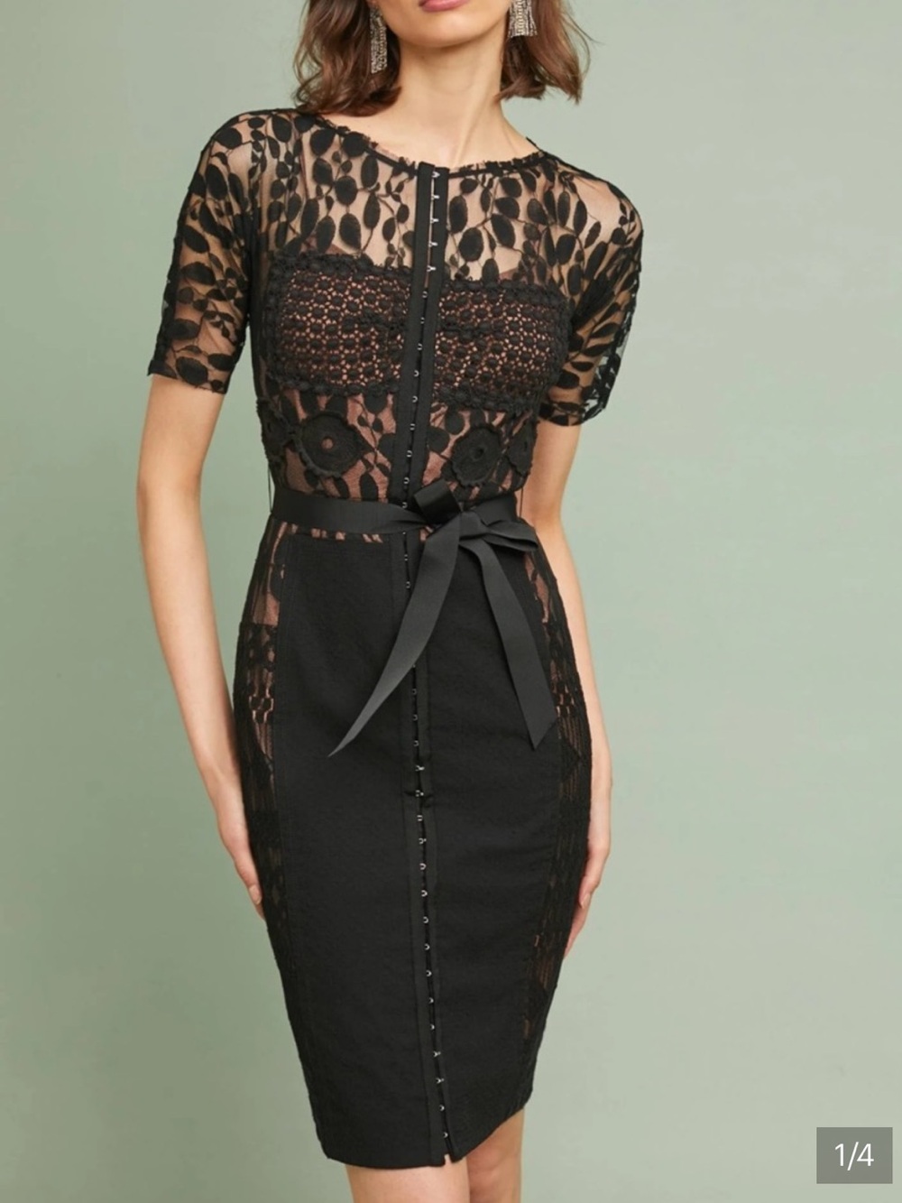 Byron Lars Black Lace-Panel Pencil Dress with Satin Tie